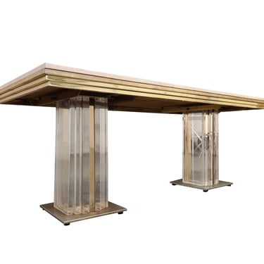 Vintage lucite, brass and travertine dining table, 1970s - charles hollis jones dining table - belgochrom dining table - Travertine table 