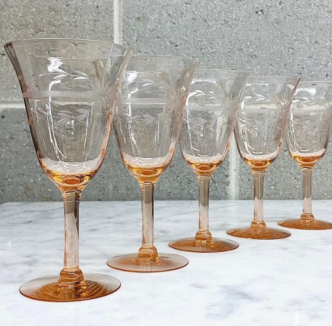 1930s Etched Pink Depression Glass Wine Glasses Stemware - Set of