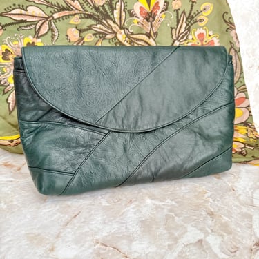 Large Clutch, Embossed Leather Purse, Dark Green, Soft Leather Clutch, Tons of Space, Vintage 70s 80s 