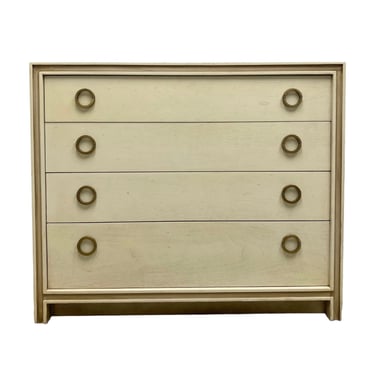 Vintage Art Deco Chest of 4 Drawers by Hickory Manufacturing Company 37" Wide 31" Tall - Beige & Gold Wood Dresser with Round Ring Pulls 