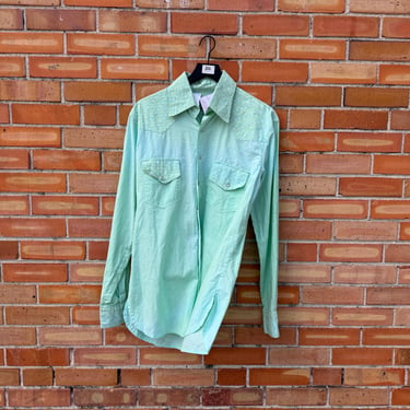 vintage 90s mint green cotton goose print western button snap shirt / l large 