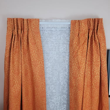 Vintage 1960's Pinch Pleat Curtains / 70s Orange Damask Print Drapes / 6 Panels 