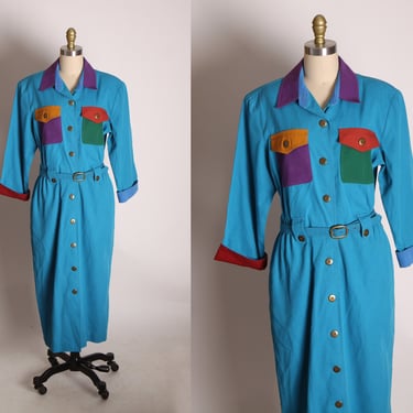 1980s Blue, Red, Green, Orange and Purple 3/4 Length Sleeve Button Up Color Block Belted Dress by Sandra Ow-Wing for N.R.1 -1XL 