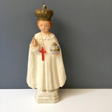 Infant of Prague - shabby vintage chalkware religious figurine 