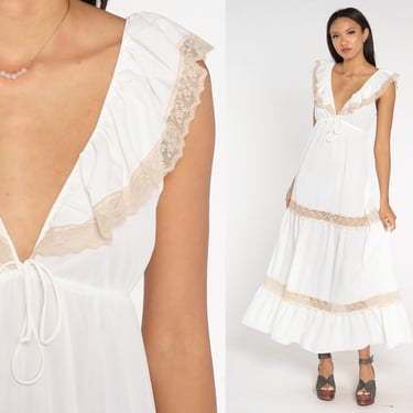 White Nightgown Dress 70s Deep V Neck Lace Tiered Maxi Slip Lingerie Vintage 1970s Boho Romantic Bridal Empire Waist Nylon Small 32/34 