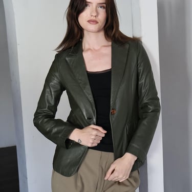 Vintage 1990s Pierre Balmain Olive Green Leather Structured Blazer with Pockets sz XS S Tailored Army 90s Minimal 