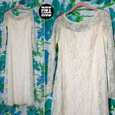 AS IS Vintage 60s Lightweight White Lace Sheath Long Sleeve Wedding Dress 
