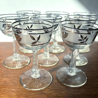 Vintage 1950-70s Libbey Silver Leaf Liquor Cocktail Glasses | Wine Goblet Sherbet Cup | Midcentury Modern Autumn Foliage Stemware | Set of 8 