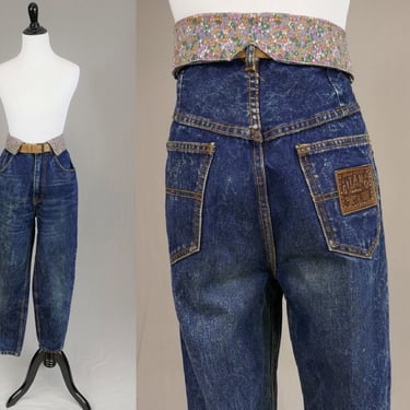 80s Gitano Jeans - 30 waist - Unusual Floral Flap - Relaxed Tapered High Rise - Faded - Vintage 1980s - 28.5