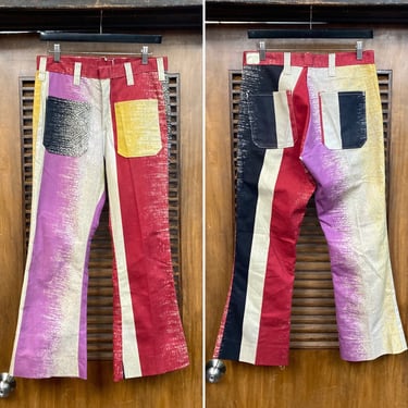 Vintage 1960’s -Deadstock- w31 Mod Flare Color Block Glam Cotton Denim Brush Stroke Design Jeans Pants, 60’s Vintage Clothing 