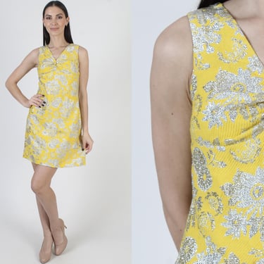 60s Shiny Gold Brocade Dress, Vintage Metallic Print, Sparkly High Waisted Mod Mini 