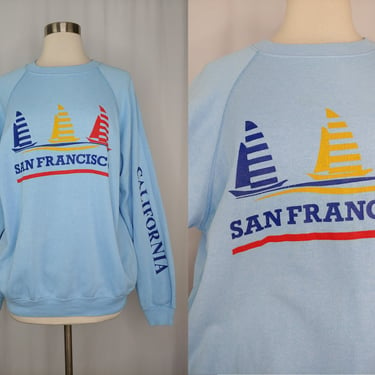 Vintage Eighties San Francisco XL Blue Sailboat Pullover Crew Neck Sweatshirt - 80s XL Hanes California Sweatshirt 