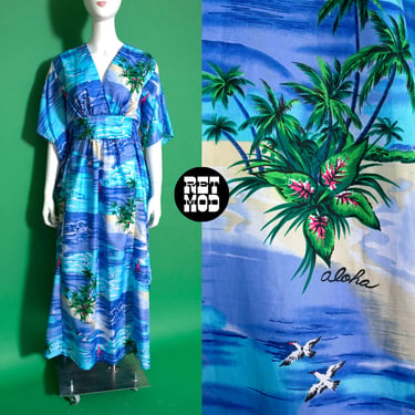 Comfy Chic Vintage 70s 80s Blue Aloha Hawaiian Themed Caftan 
