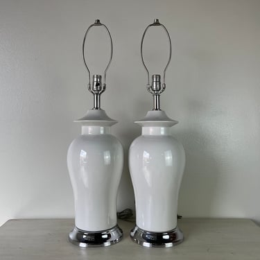 Vintage Palm Beach Chic Chinoiserie Pagoda White Porcelain Table Lamps - a Pair 