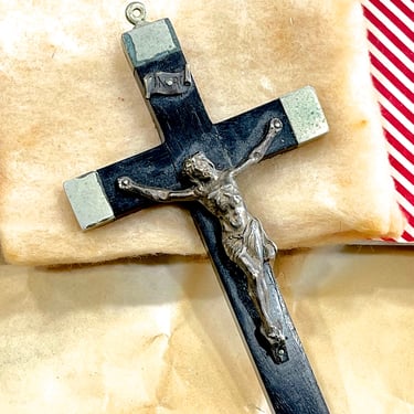 ANTIQUE: French Ebony Crucifix - Catholic, Jesus Christ, Pectoral Cross, Devotional, Religious, Missionary, Priest - SKU 15-A5-00032005 