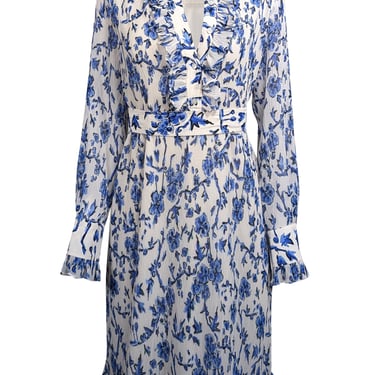 Tory Burch - Off-White &amp; Blue Floral Print Crinkled Chiffon Dress Sz 8