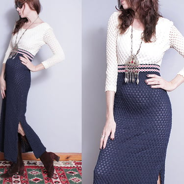Vintage 1970's | Crocheted | Mesh | Colorblock | Maxi | Dress | S 