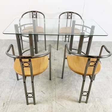 Post modern dining chairs and table, 1980s - vintage brass dining chairs - vintage dining table - glass dining table - dining chairs 