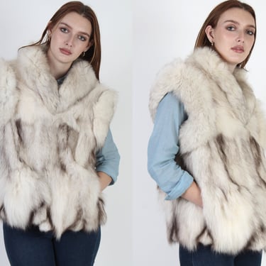 70s Natural Arctic Fox Vest, Plush Real Fur Shawl Collar, Vintage 1970's Casual Jacket S 