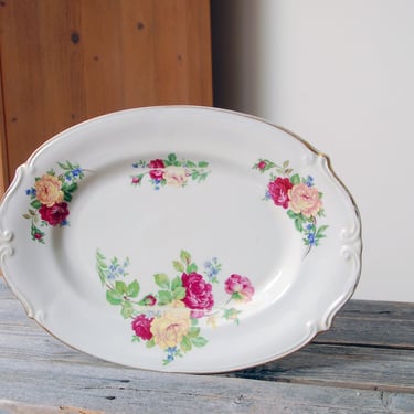 Rose pattern china platter / Tulowice Poland rose floral platter / cottage home decor / shabby chic / vintage floral china serving platter 