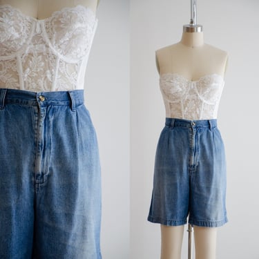 vintage jean shorts 80s 90s vintage men's women's unisex faded high waisted pleated long jean shorts 
