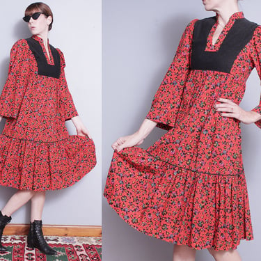 Vintage 1970's | Red | Floral | Empire Waist | Midi | Dress | S 