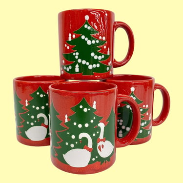 Vintage Waechtersbach Christmas Mugs Retro 1980s West Germany + Red/Green/White + Ceramic + Set of 4 + Xmas Trees and White Goose + Kitchen 