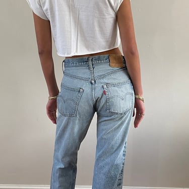 80s Levis 501 ripped jeans / vintage light wash soft faded frayed red tab relaxed boyfriend slouchy button fly 501 Levis jeans | 29 x 32 