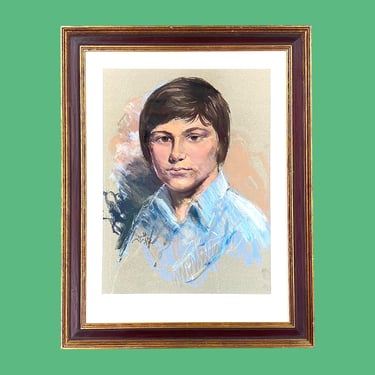 Vintage Portrait Drawing 1970s Retro Size 28x22 Mid Century Modern + Colored Chalk + On Paper + Young Man + Home and Wall Decor + MCM Art 