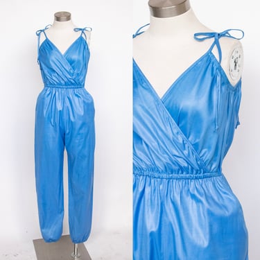 1980s Jumpsuit Blue Cotton Romper S/M 