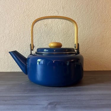 Vintage Blue Enamel Tea Kettle , Blue Teapot with wood handle,  Copco Style, 1970s Style 