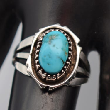 70's turquoise sterling size 7.25 Southwestern solitaire, unusual 925 silver blue stone rocker ring 
