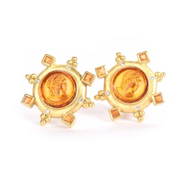 Vintage 18K Gold Venetian Glass Intaglio Earrings with Citrine and Diamonds, Unique Cameo Stud Earrings in 18K Gold with Citrine and Diamond 