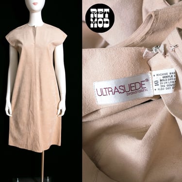 Fab Vintage 70s 80s Tan Ultrasuede Shift Dress with Front Zip 