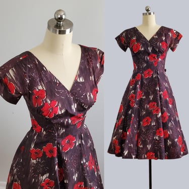 1950s Abstract Floral Cocktail Dress with Full Skirt - 50s Dress - 50's Women's Vintage Size Medium 