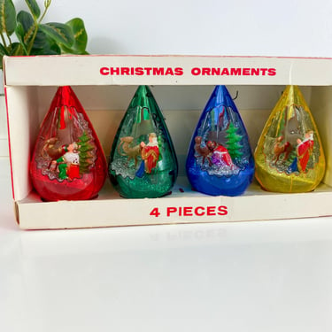 Vintage JewelBrite Teardrop 4 Piece Christmas Ornament Set, Original Box, Wiseman with Camels, Plastic Nativity Ornaments, Unbreakable 