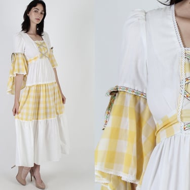 70s Folk Festival Dress, Yellow Checkered Dirndl Style Outfit, Lace Up Corset Bodice, Wide Angel Bell Sleeves 