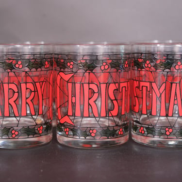 Set of 6 Vintage Merry Christmas Stained Glass Tumblers Low Ball Barware Glasses 