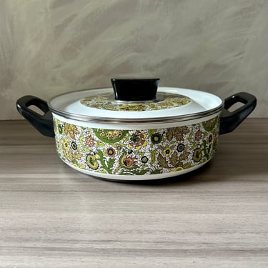 Vintage Enamelware Pot with Lid, Fancipans Deep Skillet, Olive Green Retro Flower Paisley, Made in France, Fancipans Green Paisley 