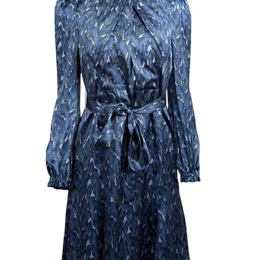 The Fold - Blue Leaf Print Silk A-Line Dress w/ Belt Sz 8