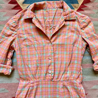 Vintage 60s Cotton Vibrant Plaid Collared Shirtdress Button down Dress Small by TimeBa