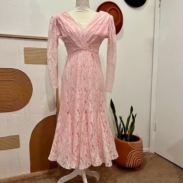 Vintage 80s Pink Lace Deep Plunge Puffed Shoulder Midi Fit & Flare Dress 