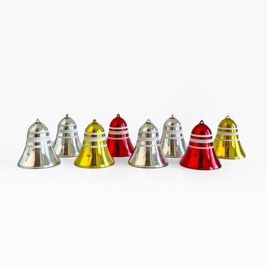 Set of 8 Plastic Jewelbrite Striped Bells Christmas Ornaments 