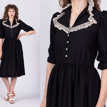 70s Black Lace Collar Midi Shirtdress - Small | Vintage Half Sleeve Button Up Gothic Secretary Dress 