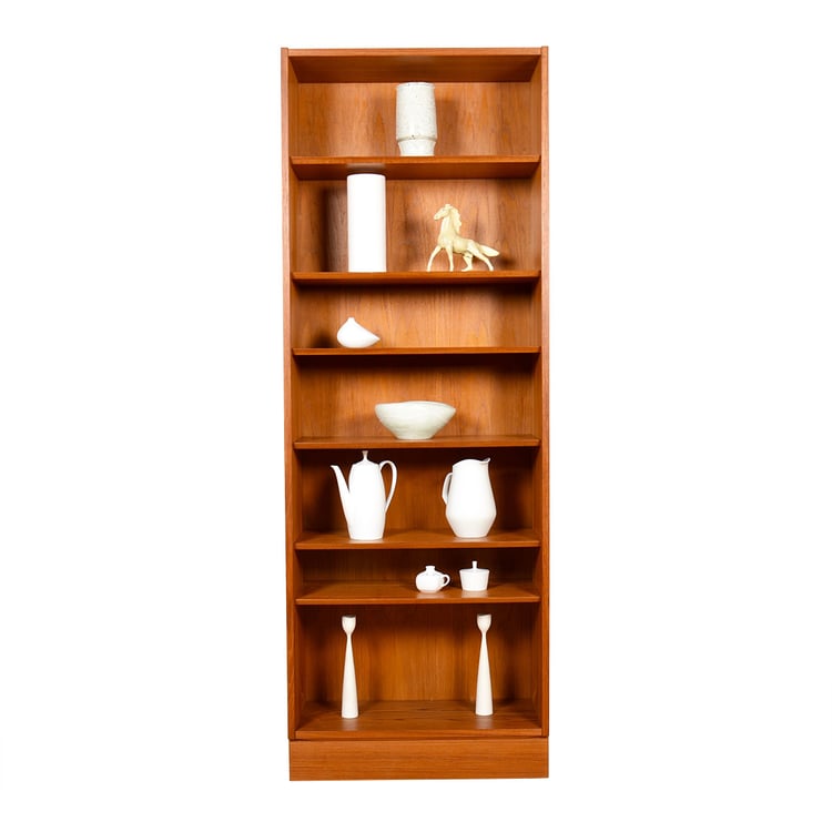 Compact 28&#8243; Danish Modern Teak Bookcase w. Beveled Adjustable Shelves