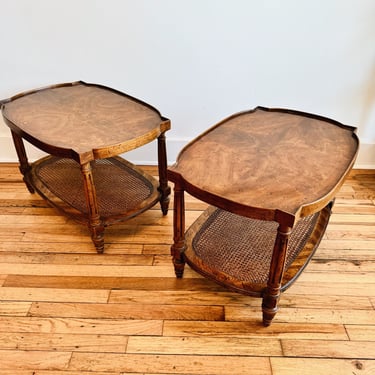 Pair of Drexel Heritage Burl Walnut Caned Side Tables
