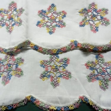 Sale~ Vintage Embroidered Pillowcases~ Standard Bed Linens~Custom Bedroom Decor~Shabby, Beachy Chic Bedding Handmade Needlework Crochet Lace 