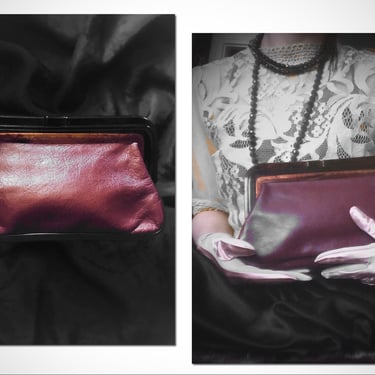 Vintage 1970s Margolin wine leather clutch | 70s tortoise frame Italian handbag 