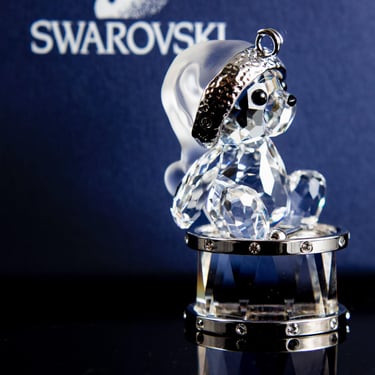 Swarovski Crystal Teddy Bear With Santa Hat On Drum Christmas Ornament 2007 Limited Edition 