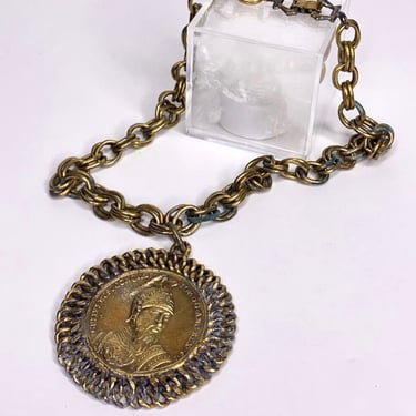 Vintage brass warrior pendant with bezel choker and thick chain 